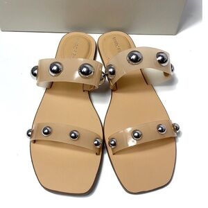 Marc Fisher Bornie light natural tan silver stud flat sandals NIB